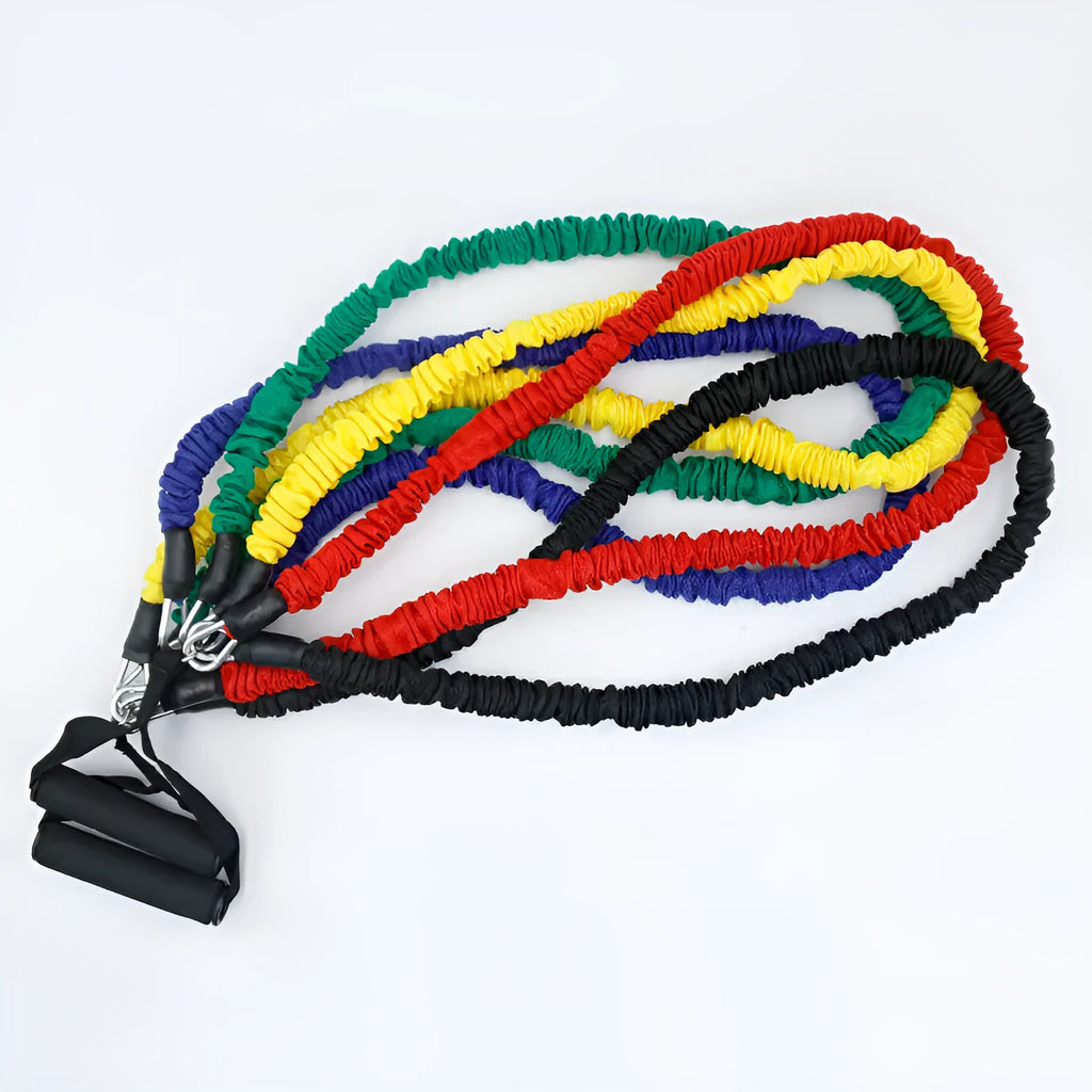 Multi-functional TPE resistance tube 11-piece set with climbing hook ribbons for home fitness exercise