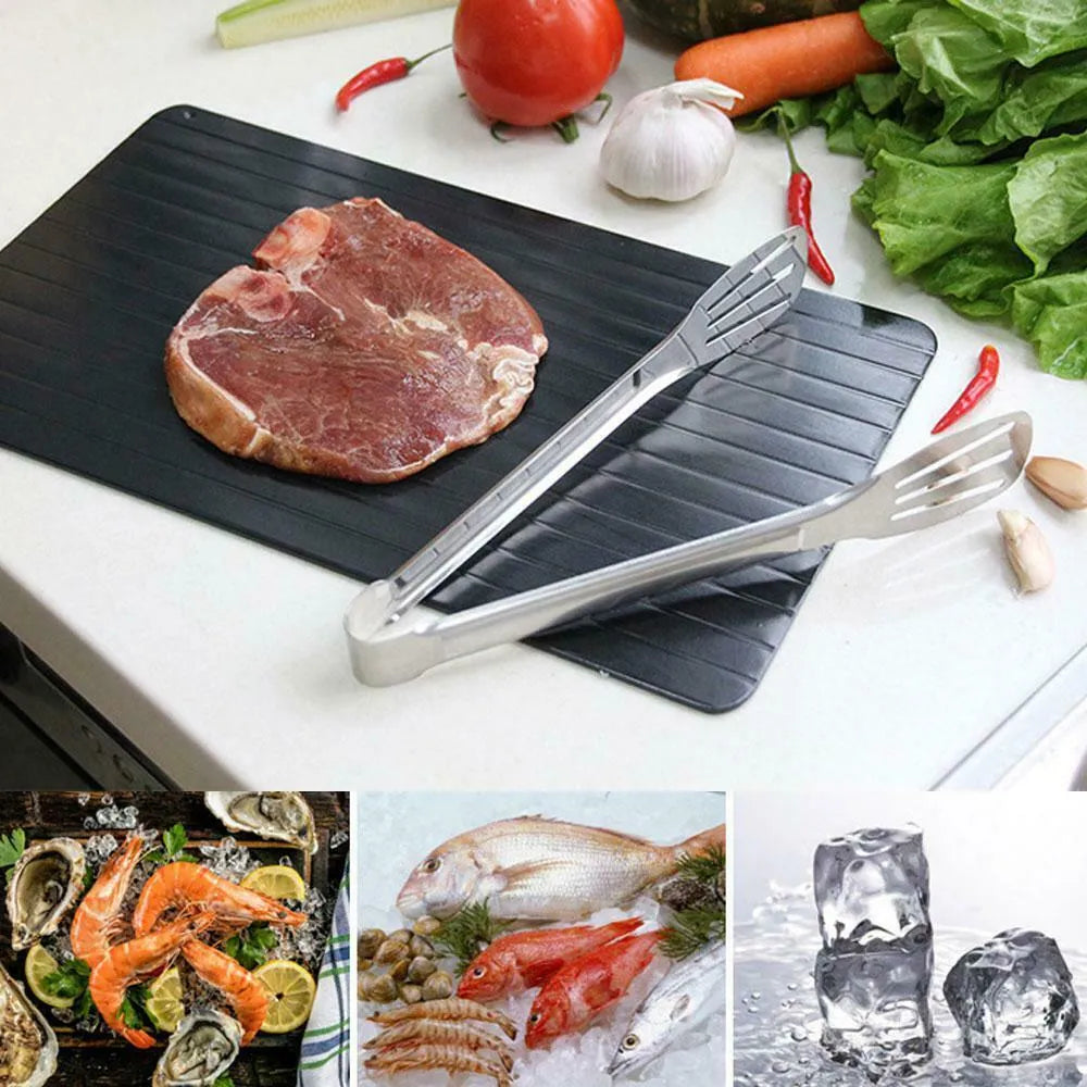 Black aluminium fast defrost tray for thawing frozen meat and food without electricity.