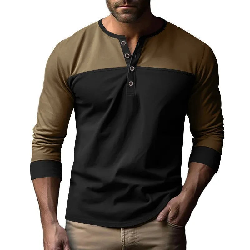 Henry collar casual long sleeve shirt in beaded twill polyester with colour matching details