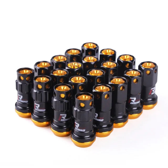 Set of aluminium alloy wheel hub nuts in multiple colour options including black, red, gold, blue, and purple finishes