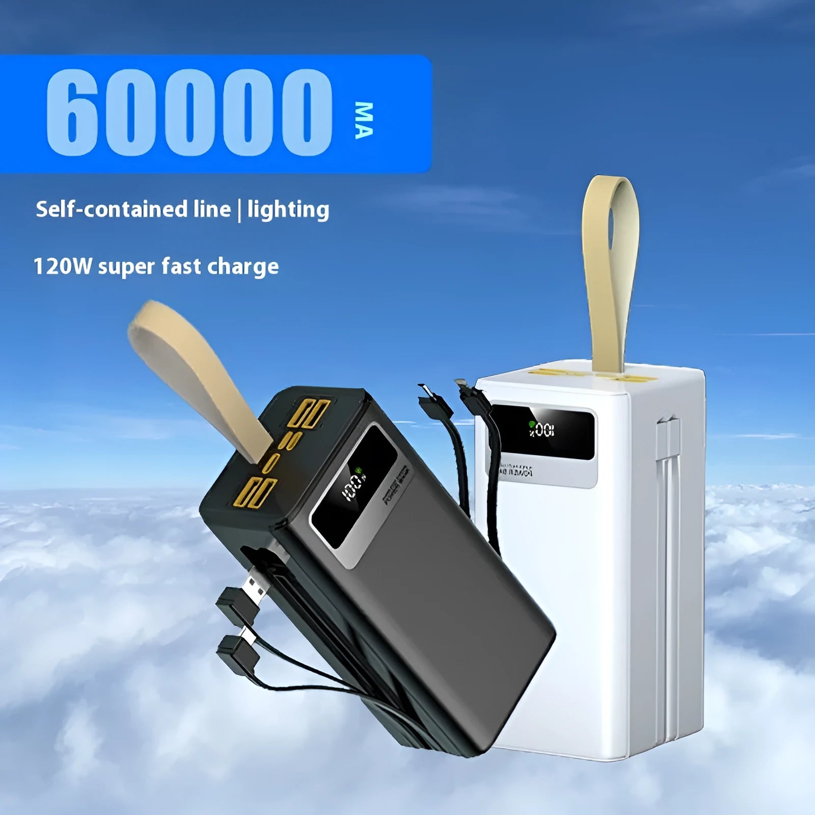 Super fast charge large capacity power bank in Samurai Black with plastic shell and cable