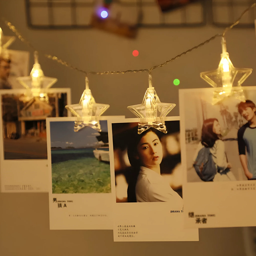 Star clip LED decorative lights on a shelf with warm 3000K glow, 1.5 or 3 metre option