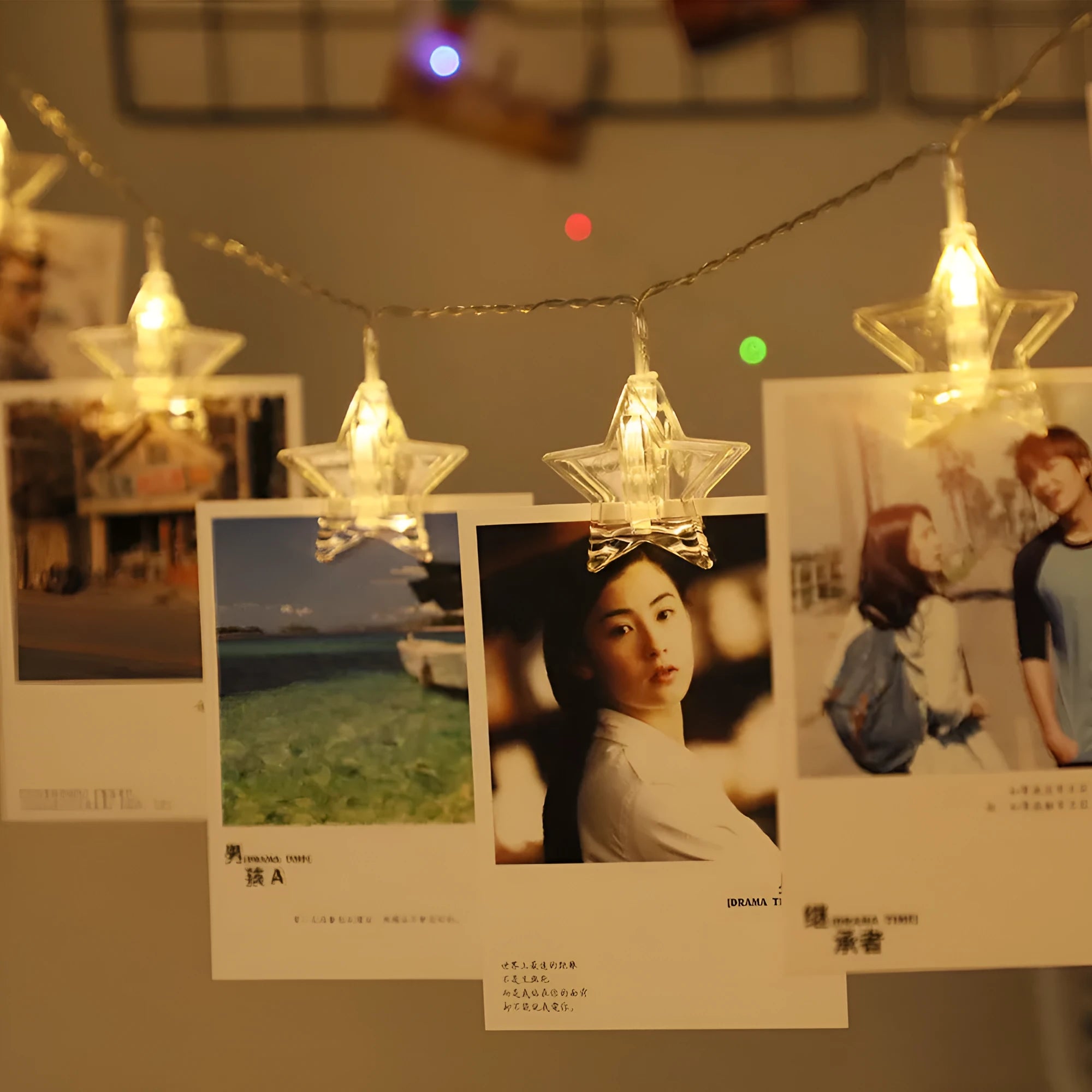 Star clip LED decorative lights on a shelf with warm 3000K glow, 1.5 or 3 metre option