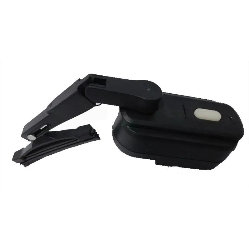 Black 800mA electrical wiper motor with attached 65mm rubber blade for mounting on a motorcycle helmet visor.