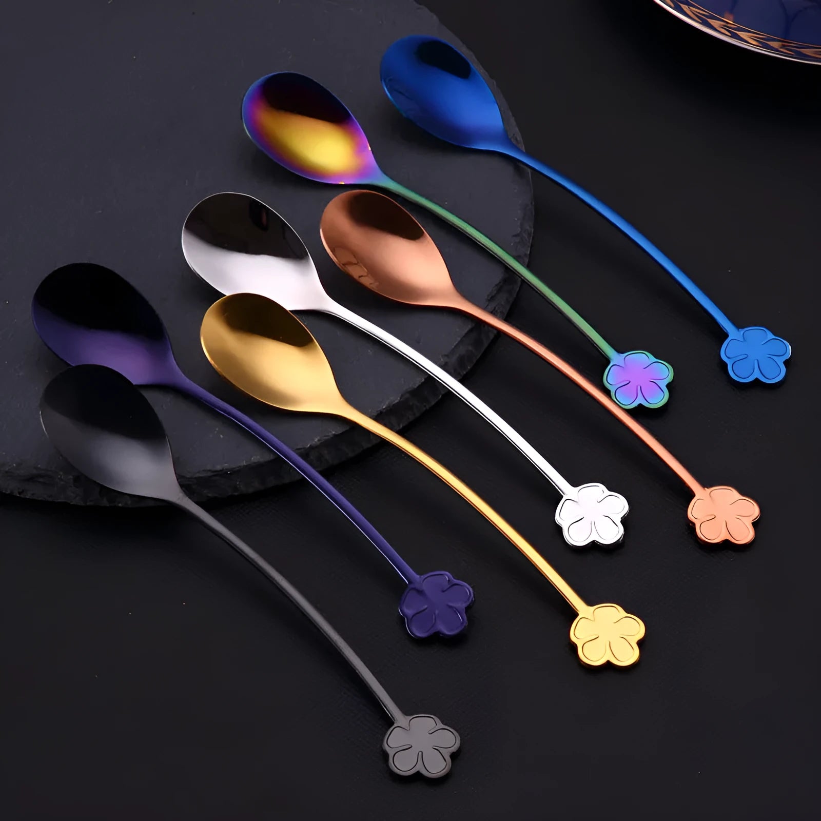 Gold plated 304 stainless steel dessert spoon with engraved flower pattern in multiple colours