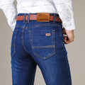 Men's stretch slim straight business casual jeans in blue cotton denim, available in sizes 28 to 40