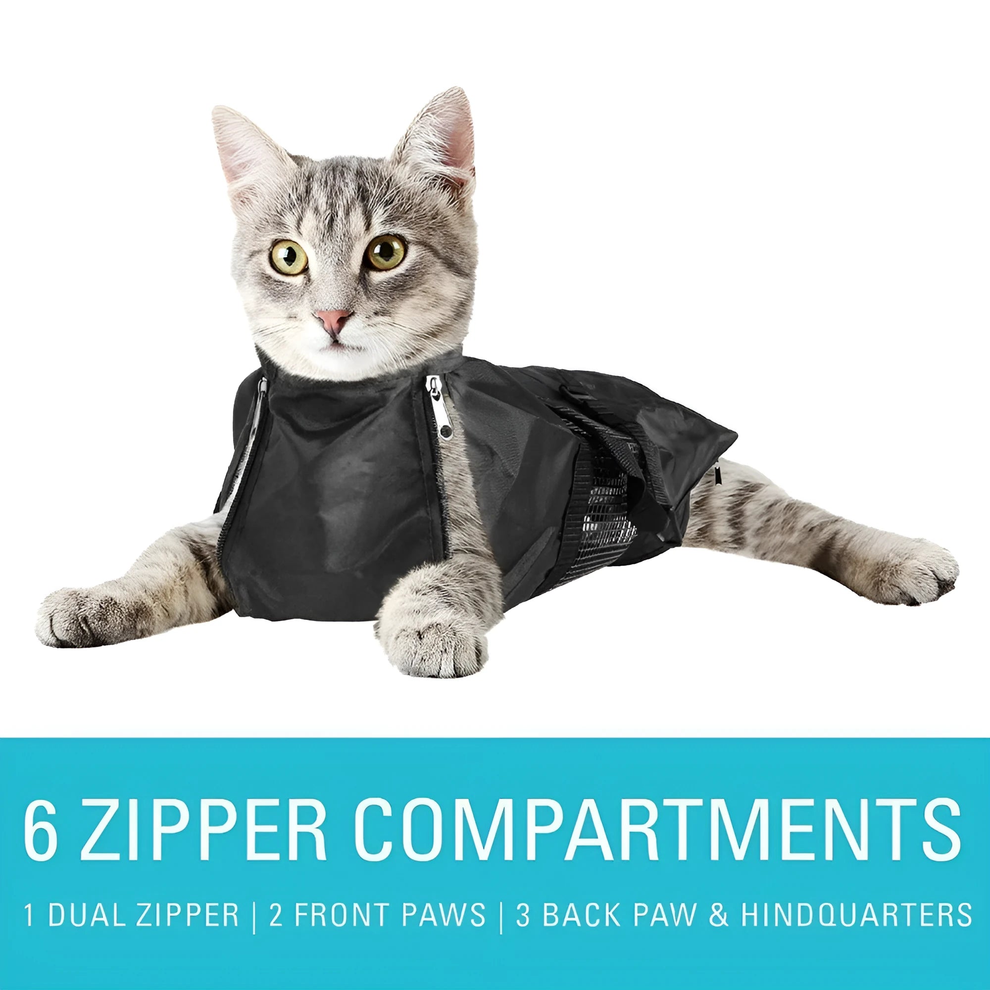 Black 420D Oxford fabric cat washing and medicine feeding bag, shown folded and unfolded.