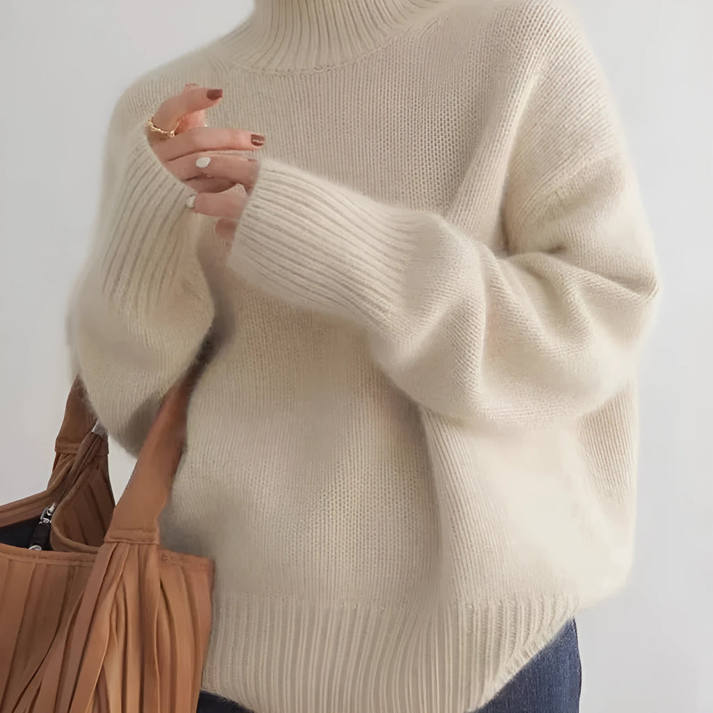 Women's loose high-neck solid-colour knit pullover sweater in apricot, long sleeves, free size