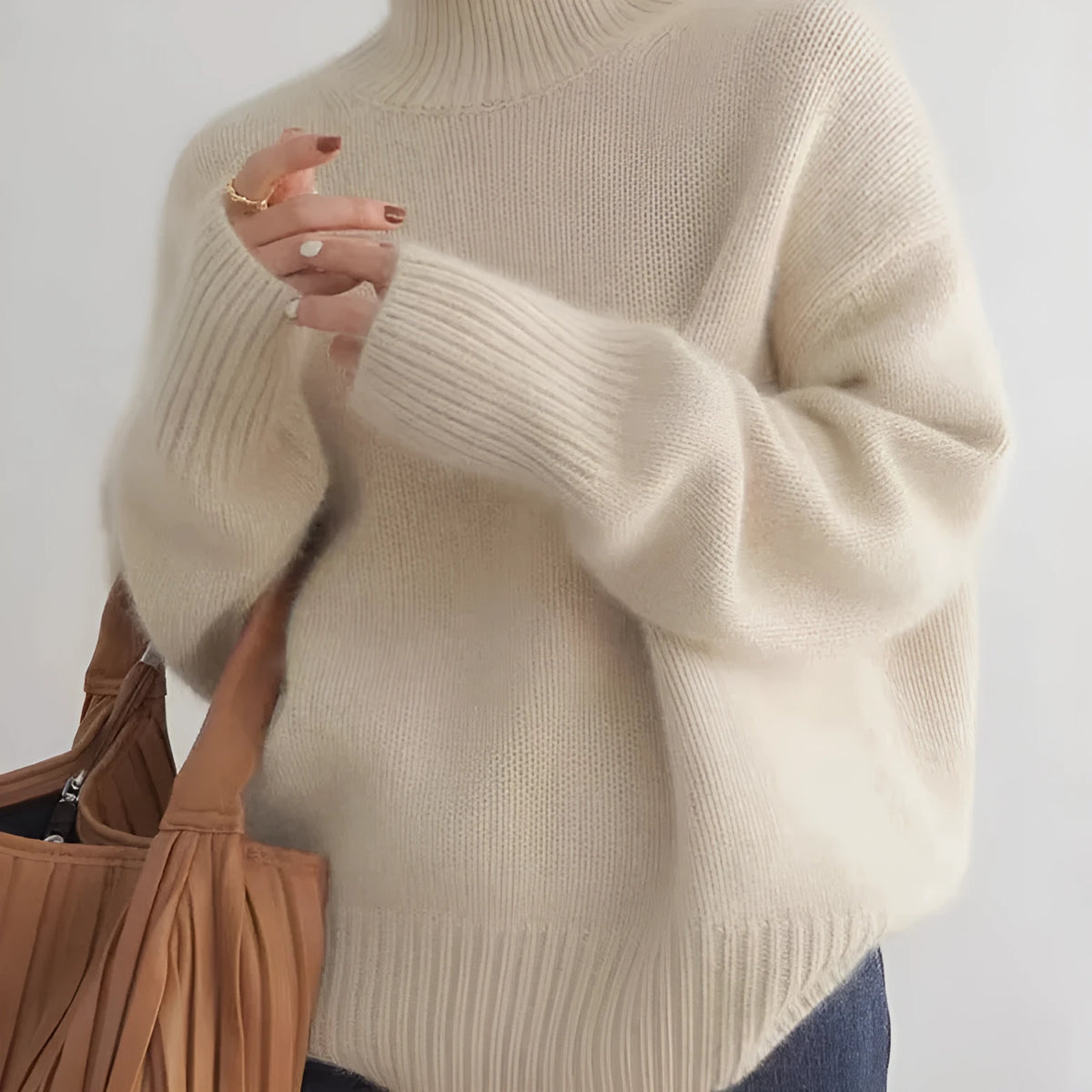 Women's loose high-neck solid-colour knit pullover sweater in apricot, long sleeves, free size