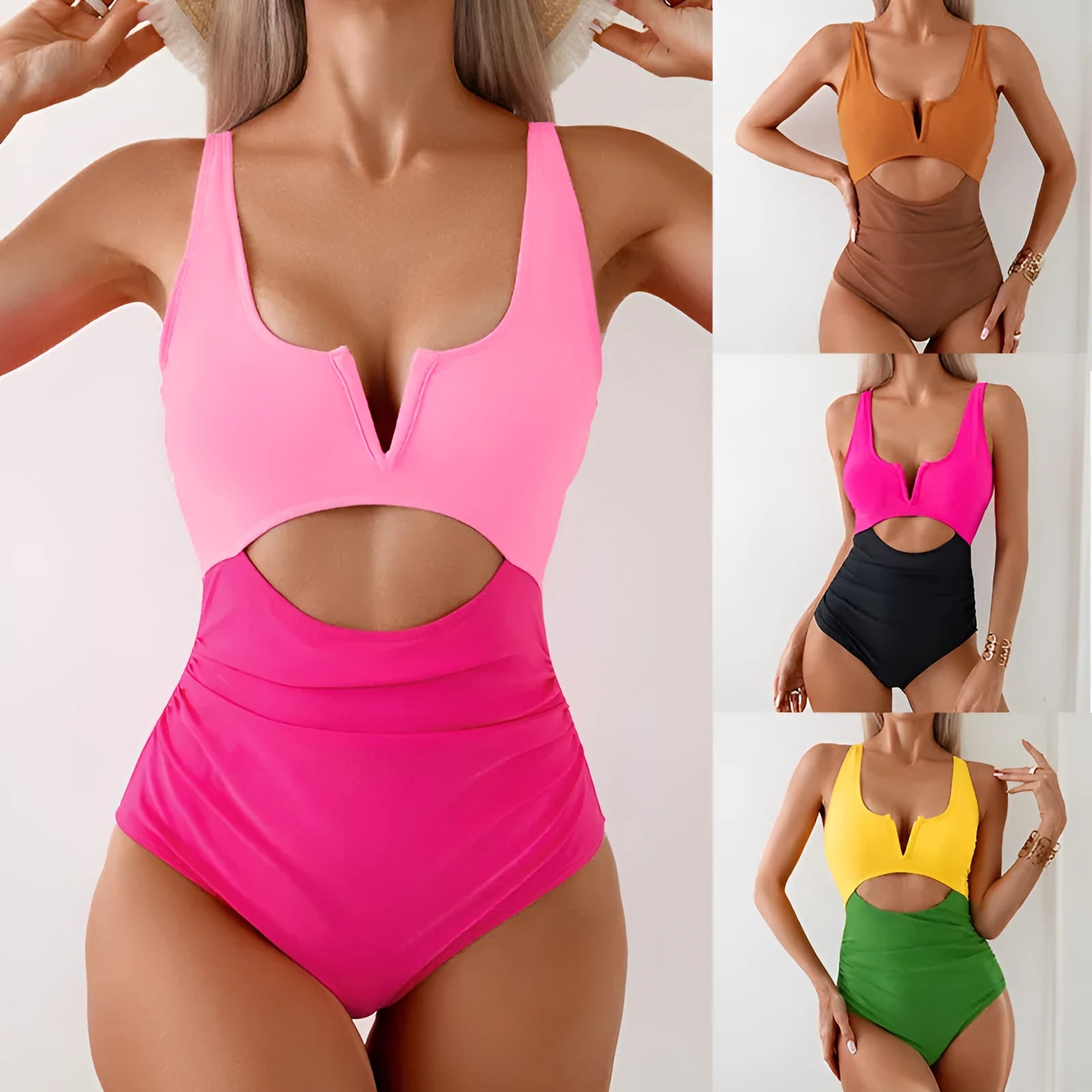 Women's contrast colour nylon one-piece swimsuit in green, black, dark pink, or brown