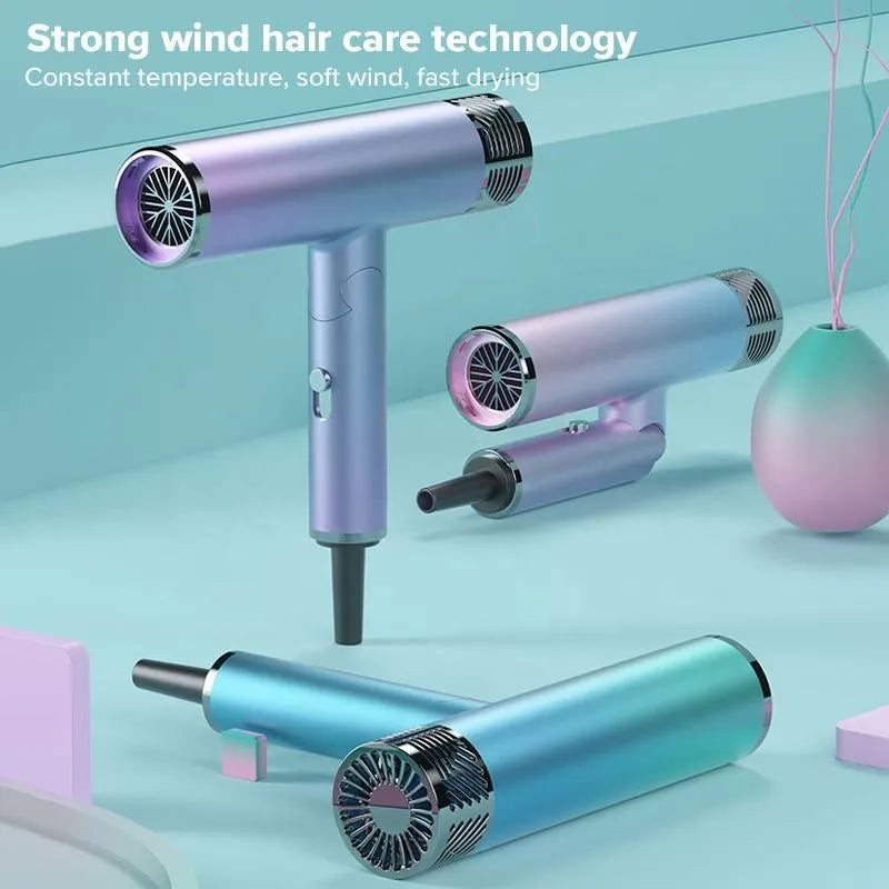 Foldable 1300W negative ion hair dryer in green, folded for compact storage