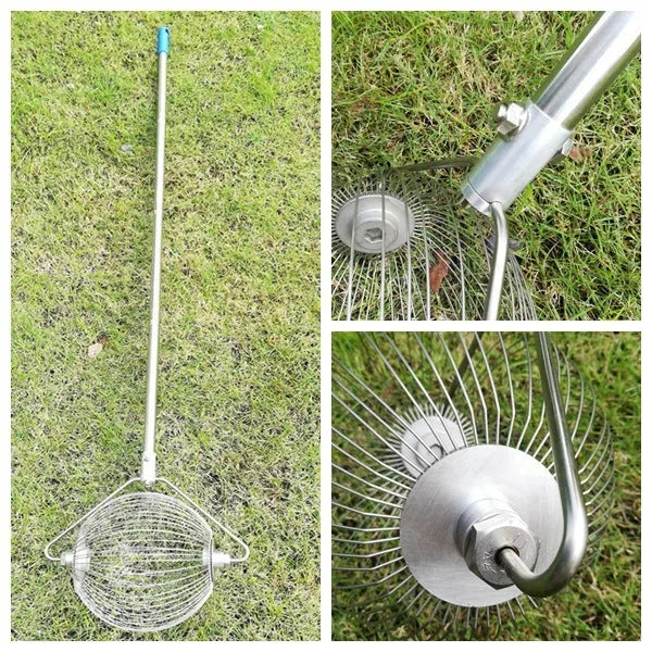 A metallic-coloured stainless steel golf ball picker or retriever tool on a green background.
