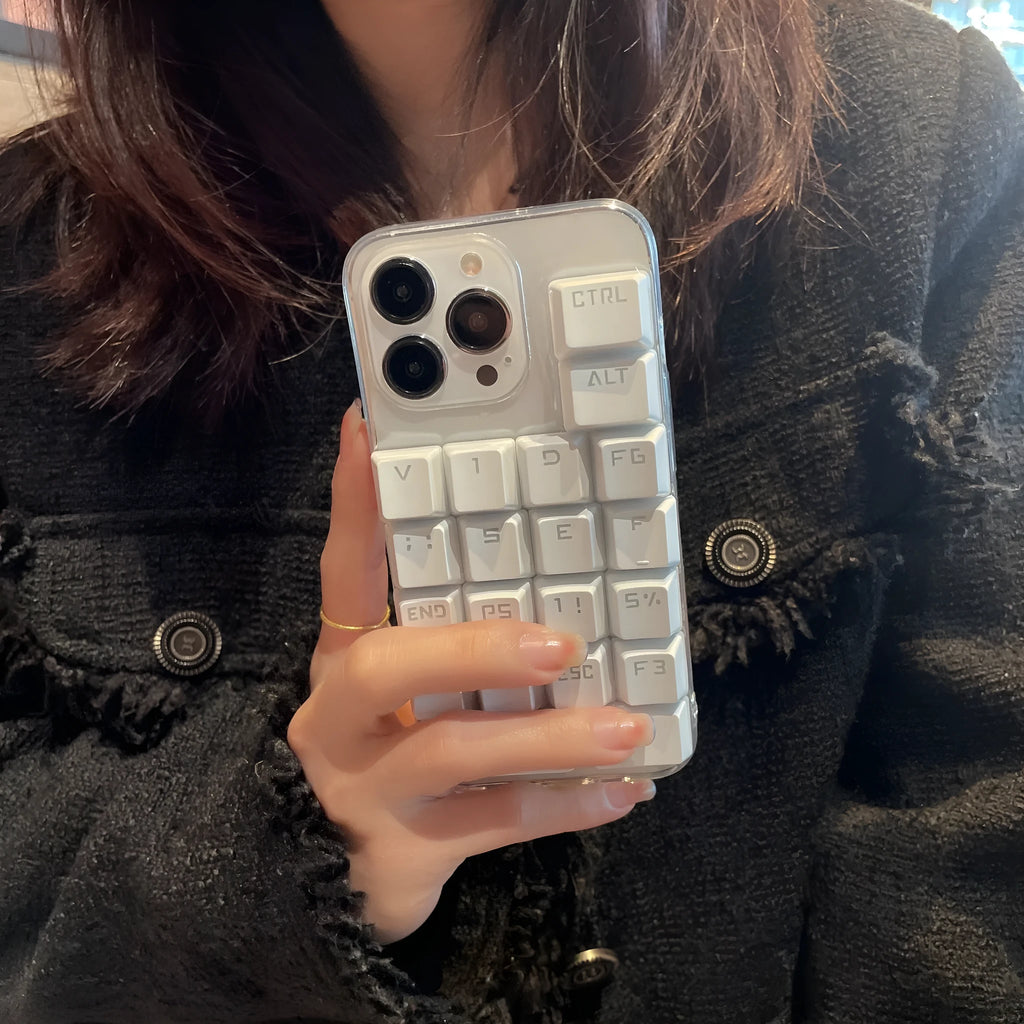 Creative keyboard mobile phone case with dripping glue material in keyboard colour, back cover type for Apple iPhone models.