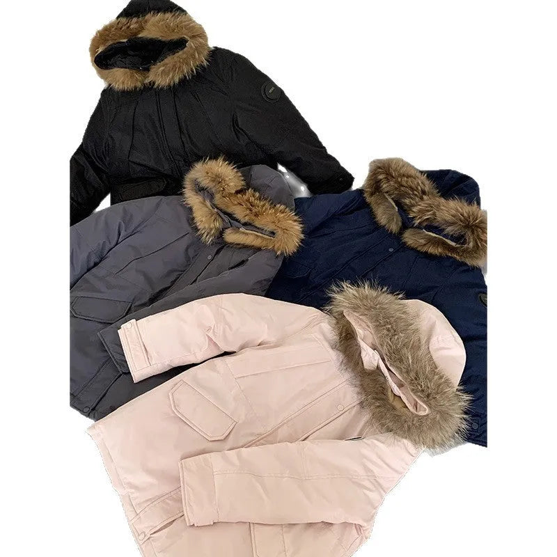 Women's mid-length hooded loose cotton-padded coat with fur collar in black