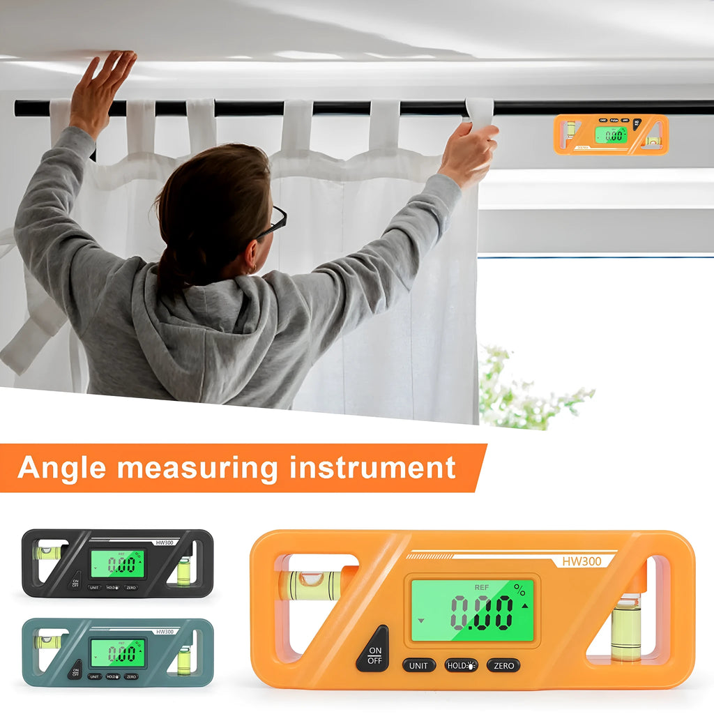 Digital display inclinometer level meter with magnetic base, showing angle reading on screen.