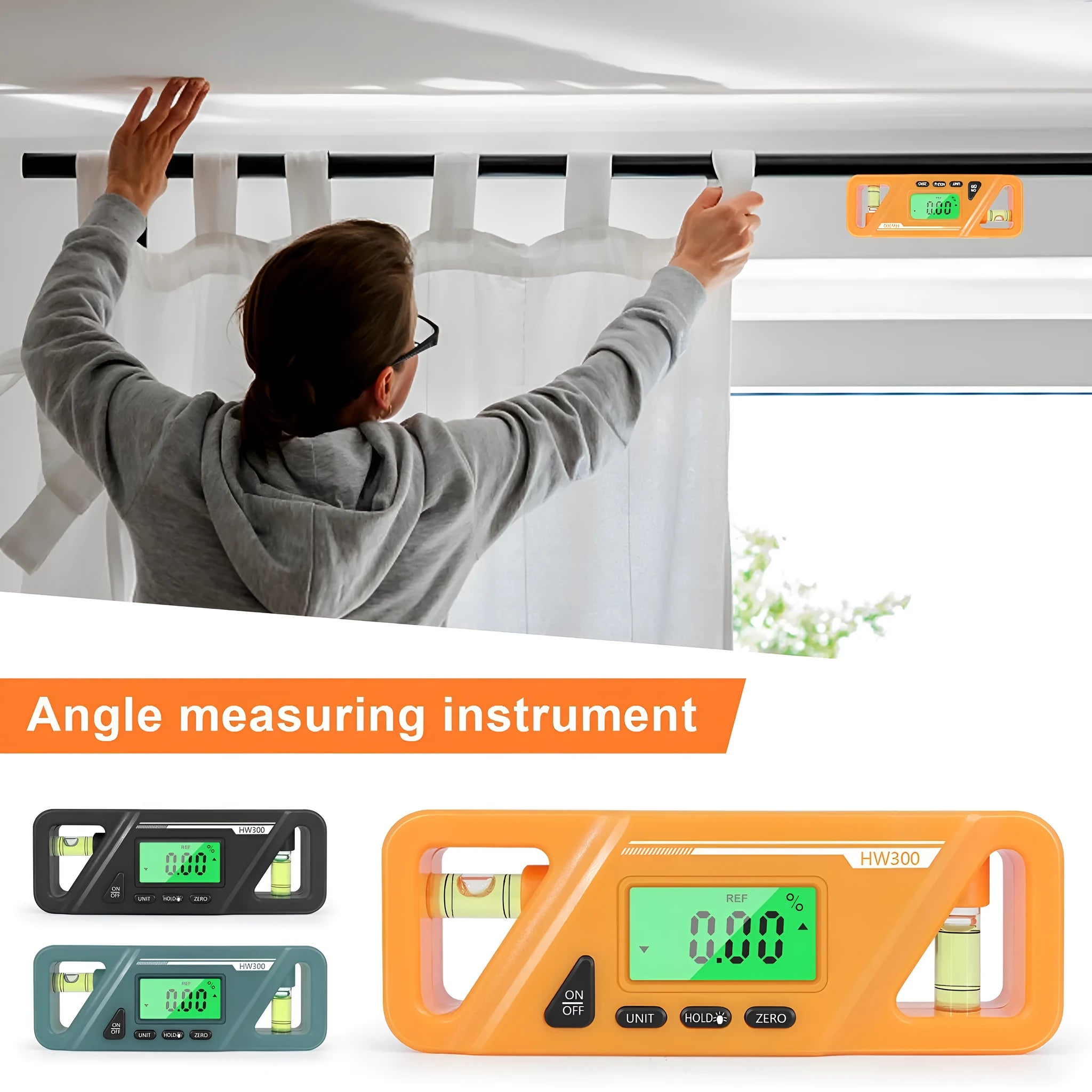 Digital display inclinometer level meter with magnetic base, showing angle reading on screen.