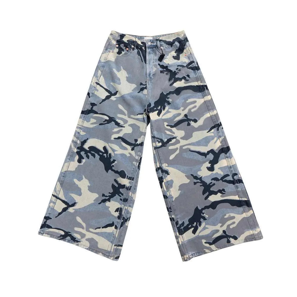 Snow camouflage blue loose-fit jeans with a mid waist on a neutral background.