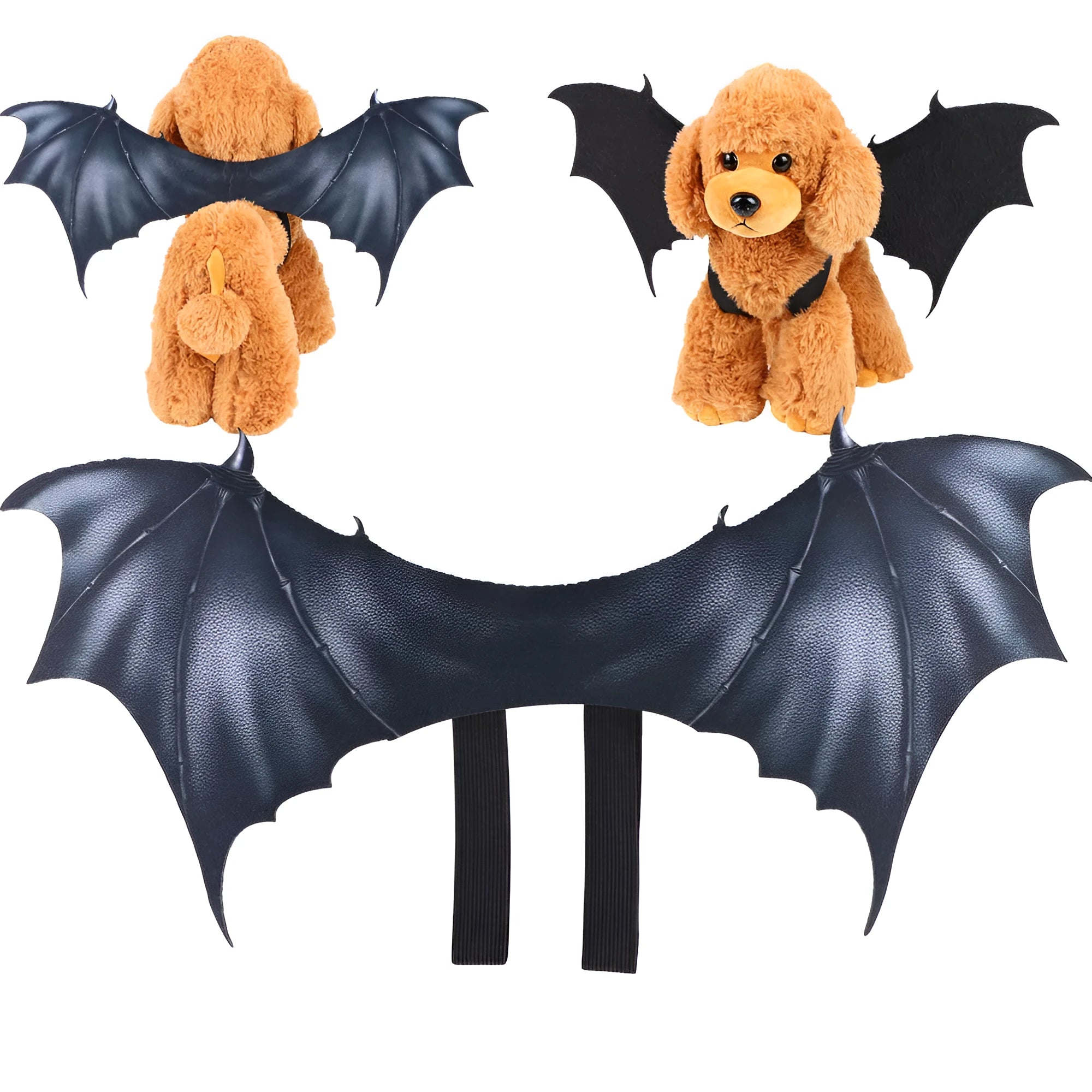 Black fabric bat wing costume for pets on a Halloween background