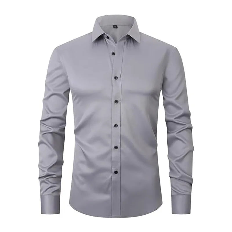 Men's long sleeve polyester work shirt on a hanger, shown in a light colour, demonstrating its professional style.