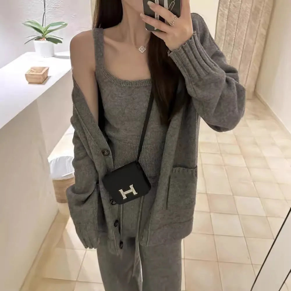Women's knit cardigan vest pants three-piece set in Japanese Korean casual style