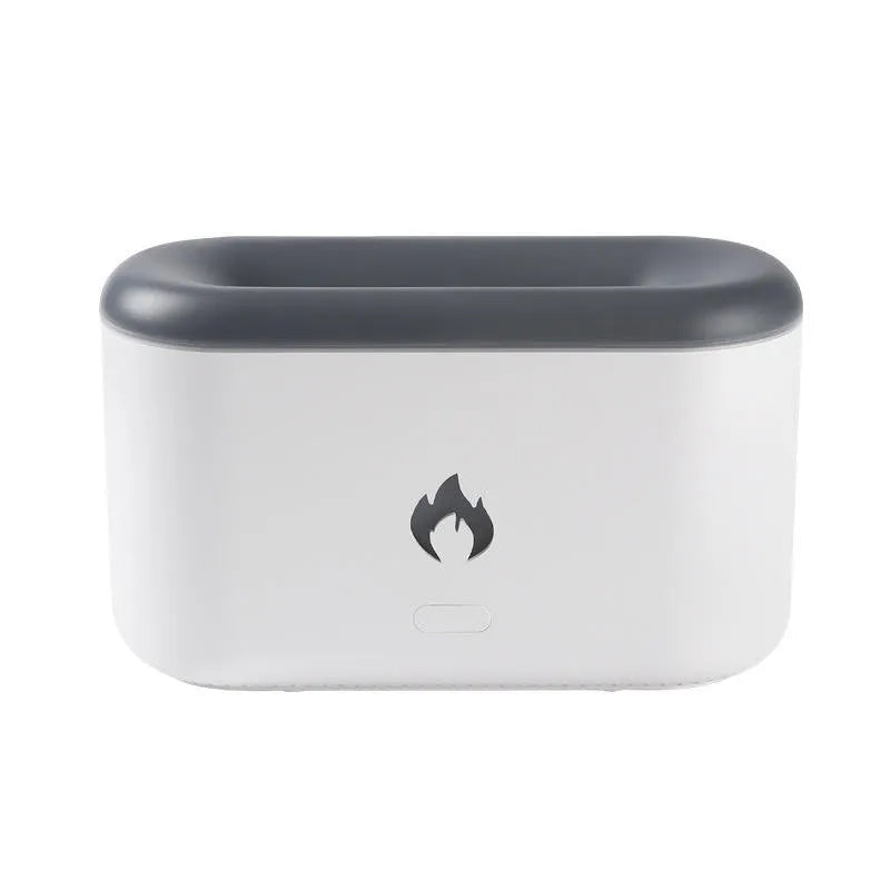 3D flame ultrasonic humidifier with 300ml water tank in white on a wooden desk