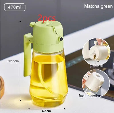 Glass olive oil sprayer and pour bottle with ergonomic handle in beige, yellow, green, or black, 470ml capacity.