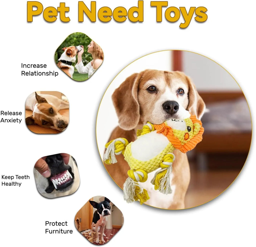 Lion and monkey plush squeaky dog toys showing dimensions: 9x12 cm and 17x13.5 cm