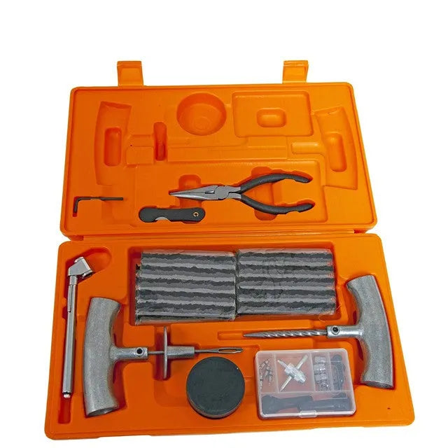 Speedy Seal emergency tyre repair kit with tools and pressure gauge in yellow case