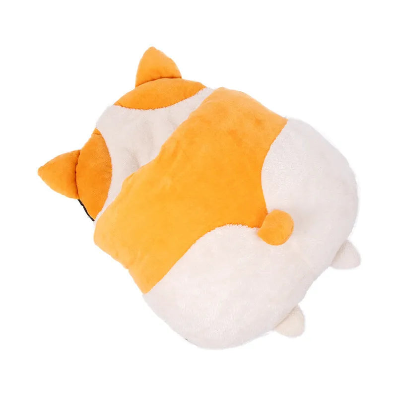 Orange semi-closed cat sleeping bag with plush texture, 65x53x12cm, on a wooden floor