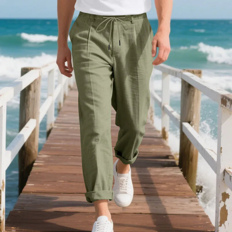 Men's linen casual trousers in loose straight-leg style with drawstring waist