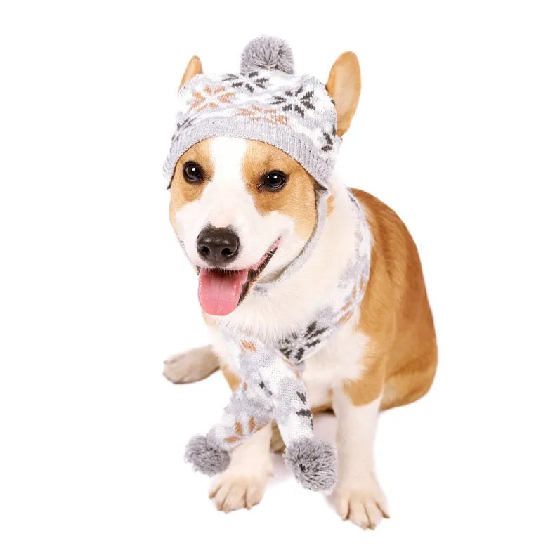Japanese-style retro jacquard pet sweater set with matching scarf and hat in grey or pink colours