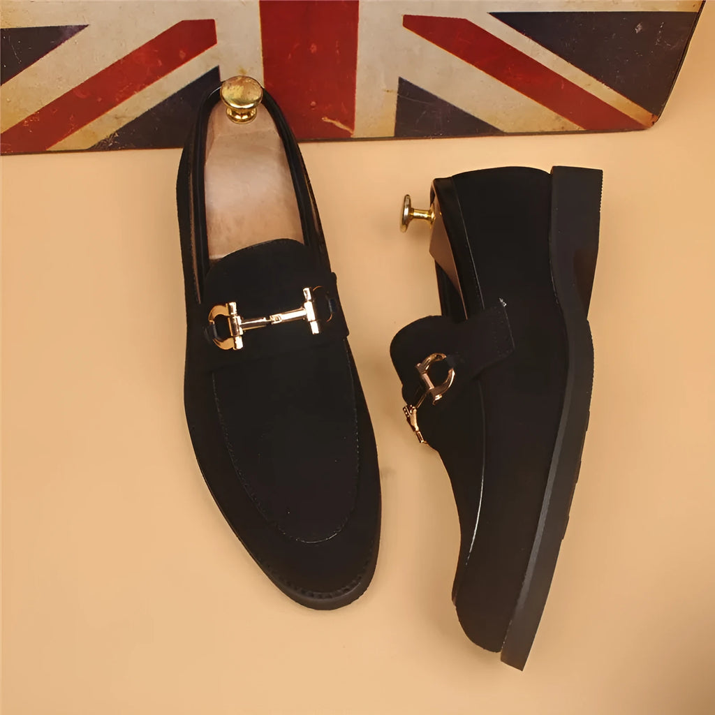 Men's casual black suede leather shoes with pointed toe and low top construction, side view