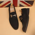 Men's casual black suede leather shoes with pointed toe and low top construction, side view