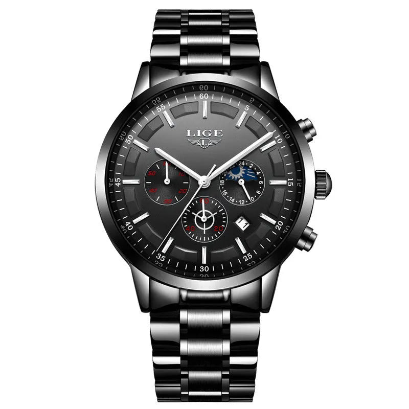 Men's waterproof quartz sports watch with 12mm case in black, blue, or rose gold colour options