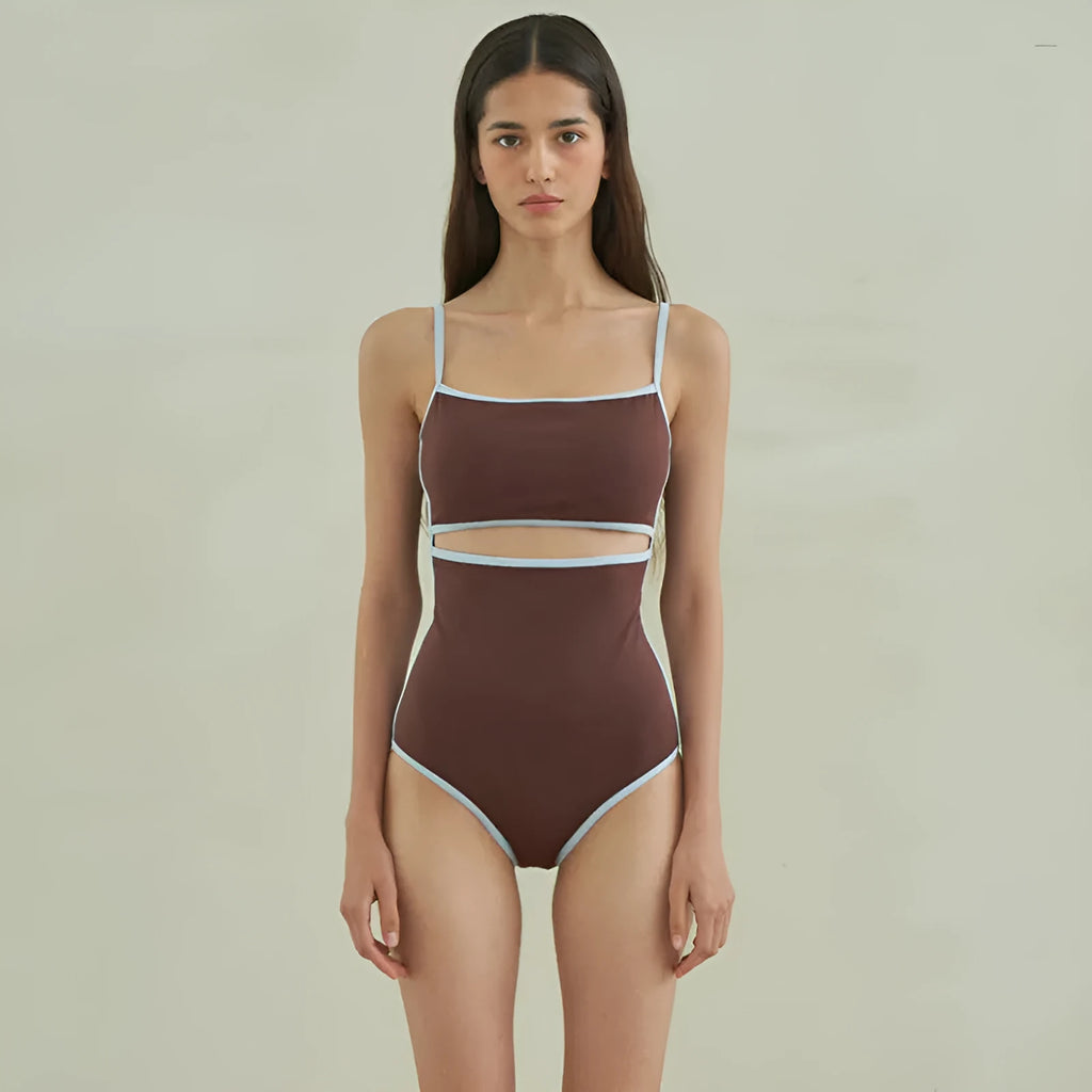 Brown triangle one-piece swimsuit for women with sexy pattern style