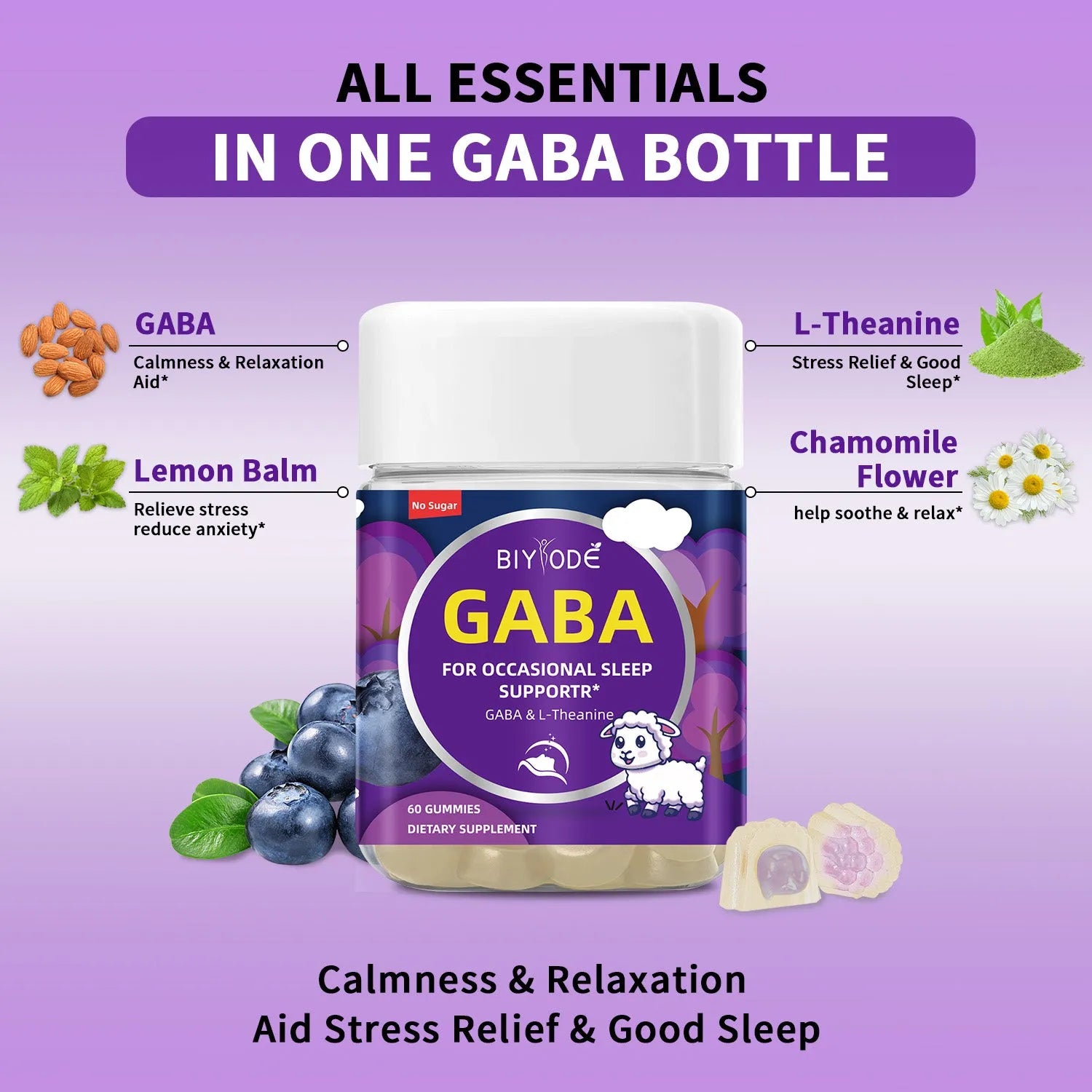 Biyode Sleep Support Gummies bottle with 60 gummies, original flavour, GABA and L-Theanine supplement for adult sleep support