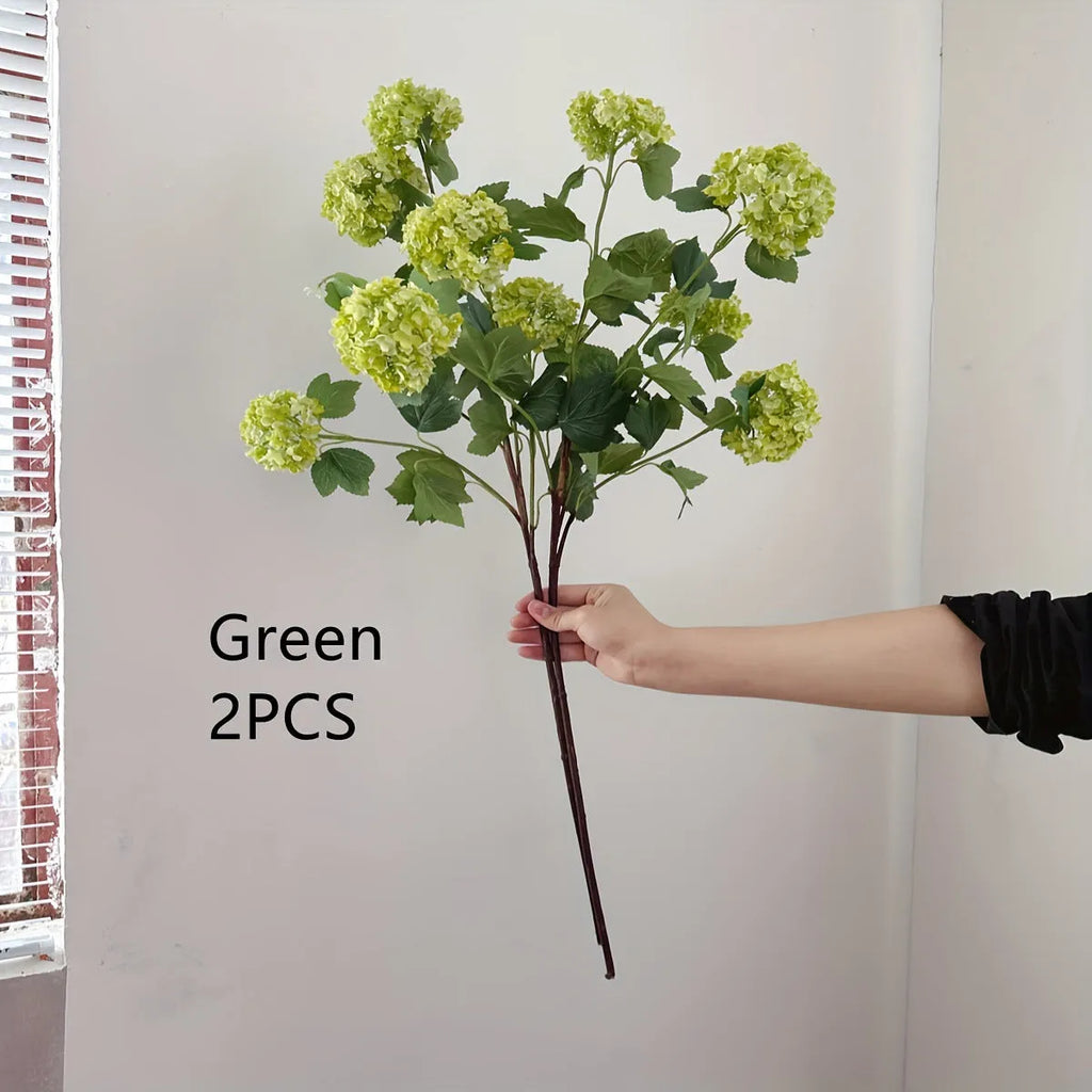 Artificial silk hydrangea flower decoration prop with long branches in white and green for wedding and home use