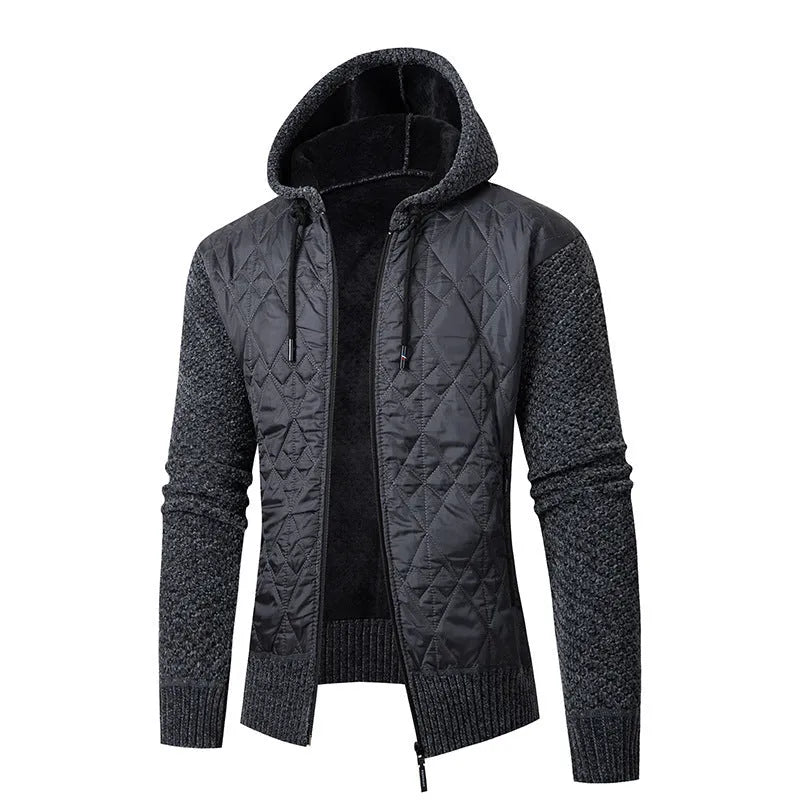 Men's grey hooded corduroy coat with a cinched waist, shown on a model.