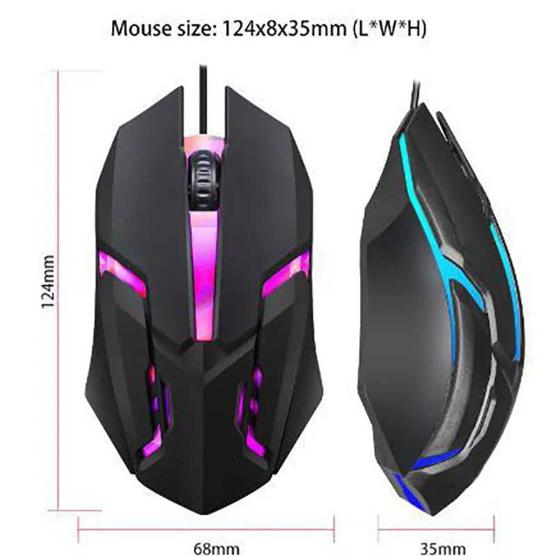 Wired USB mouse, four-button black design with colourful breathing light and 1.2 m cable for laptop and computer use
