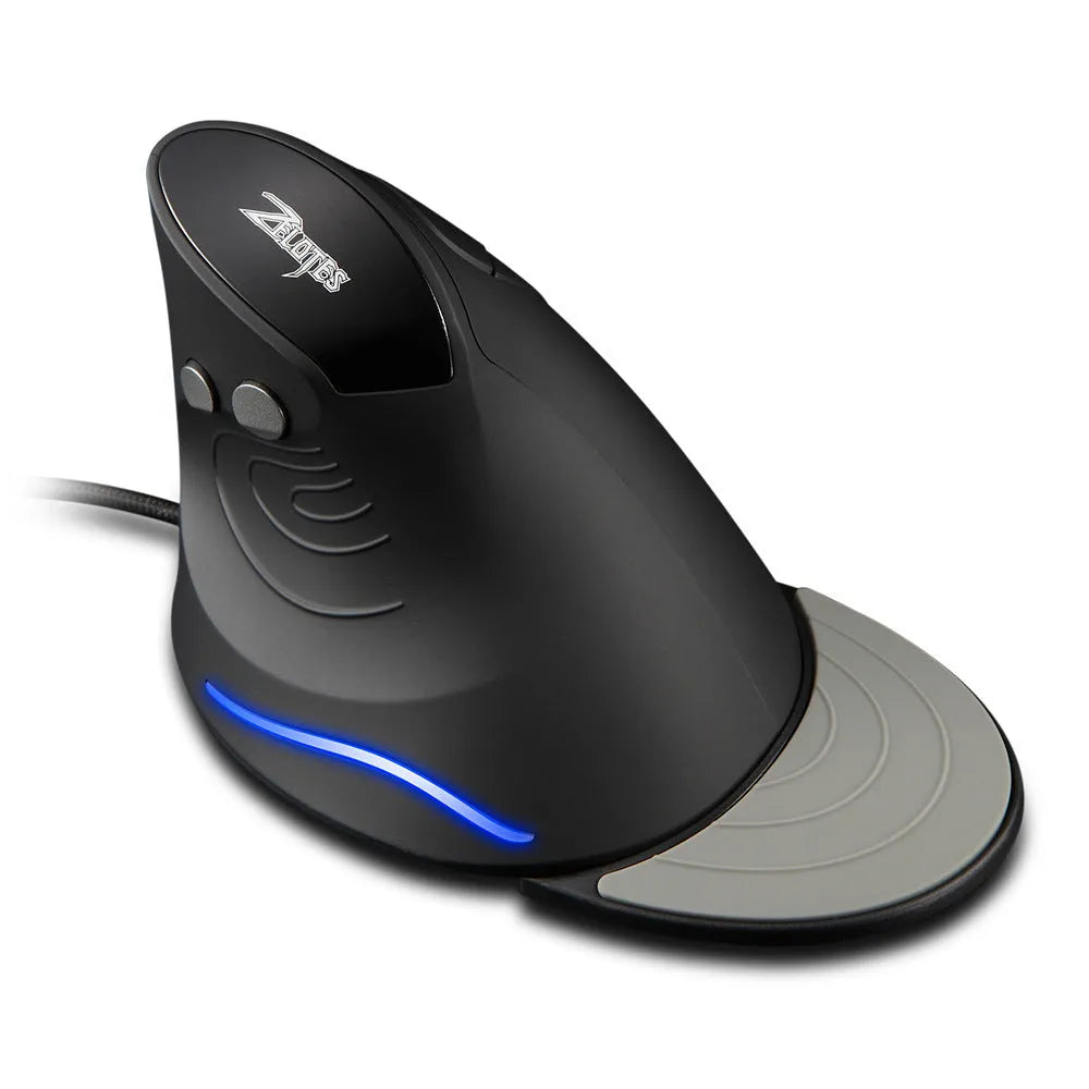Wired ergonomic vertical snail-type mouse in black with 1.8m cable and 6 buttons