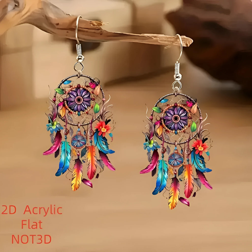 Flat acrylic earrings with printed dreamcatcher pattern in geometric shape, unisex design