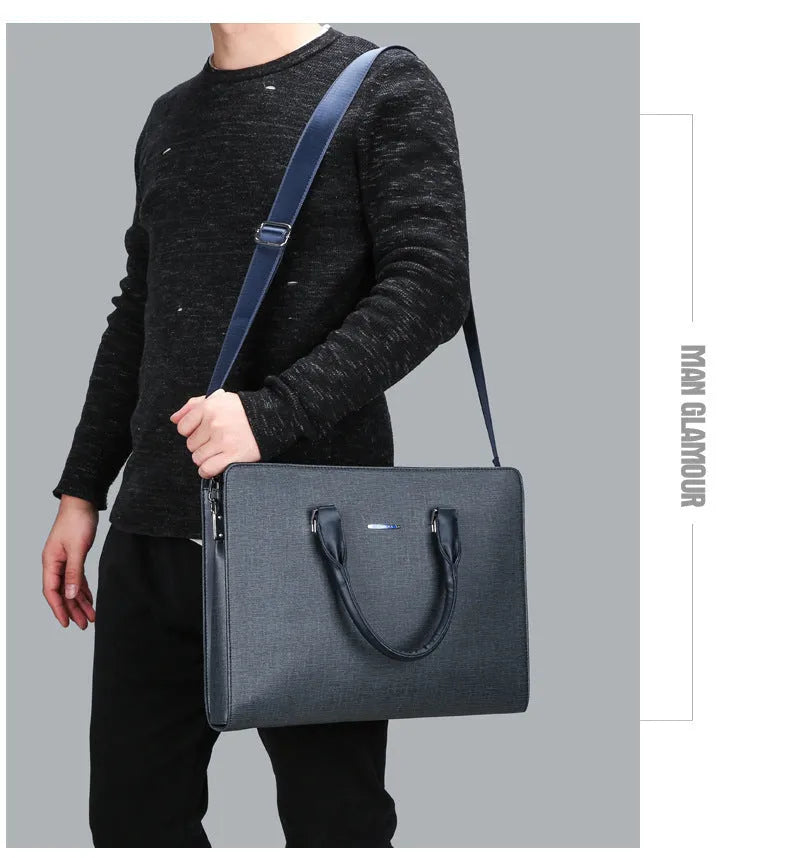 One-shoulder cross-slung male business briefcase in black PU leather horizontal square shape with stitching detail
