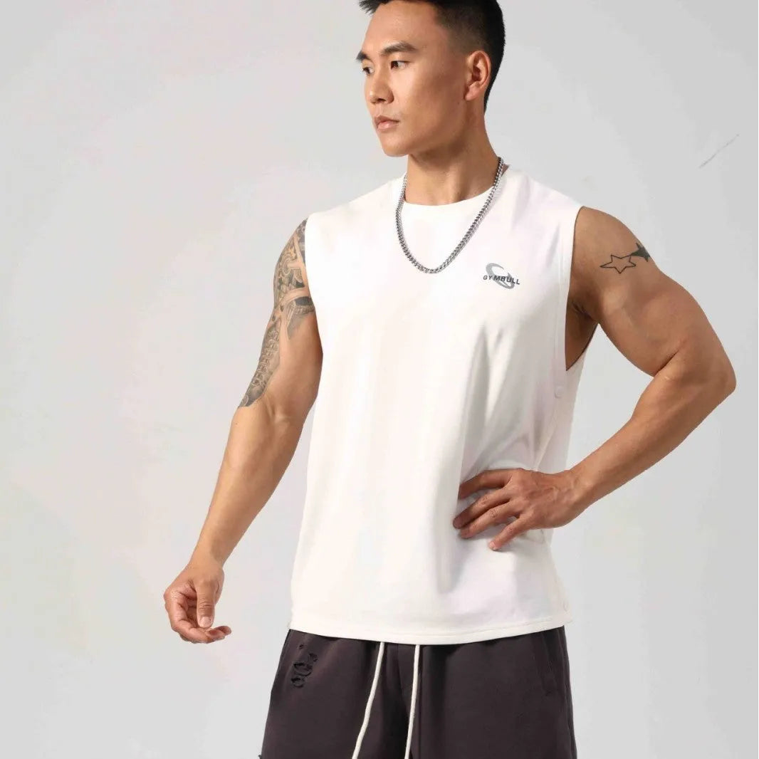 Male model wearing a solid colour loose fit cotton fitness vest with hidden side hooks.