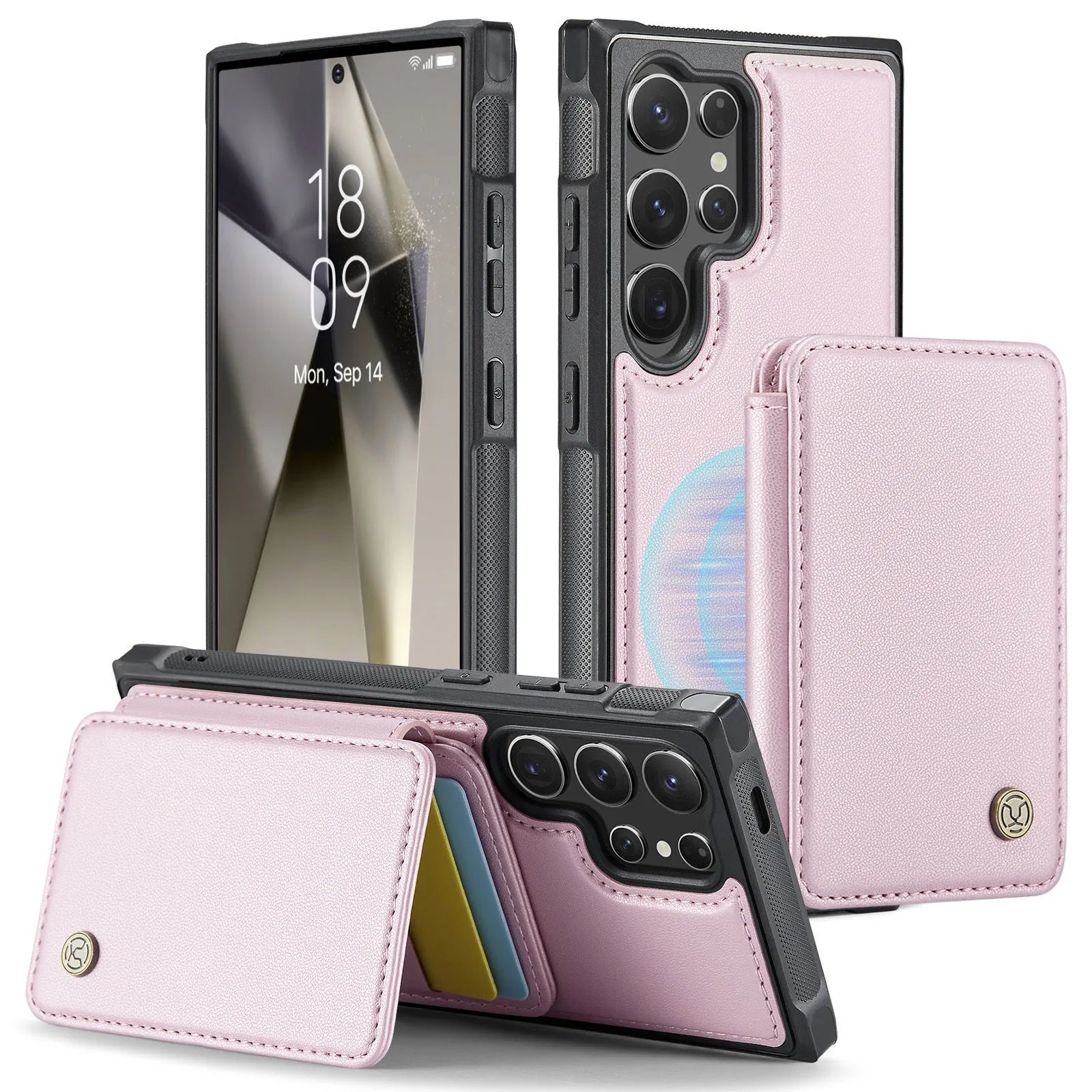 Magnetic card phone case for Samsung in black with drop-resistant imitation leather wallet style