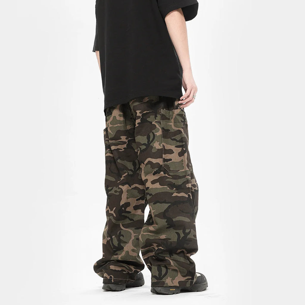 Camouflage cotton cargo pants with adjustable leg shaping for men and teens, mid waist straight type