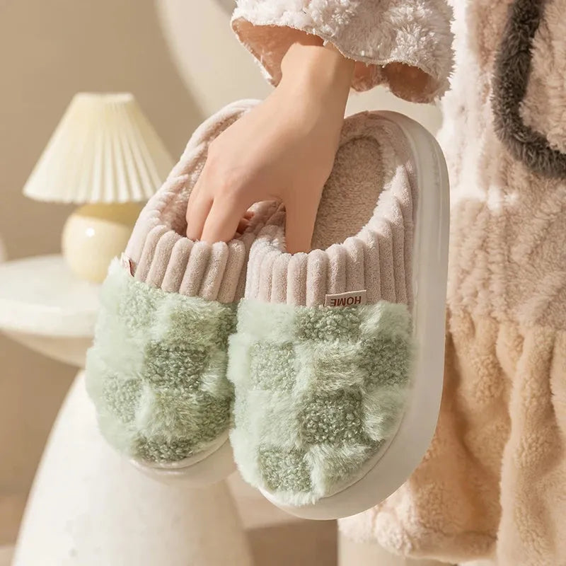 Women's plaid pattern plush slippers with coral velvet upper and PVC anti-slip sole