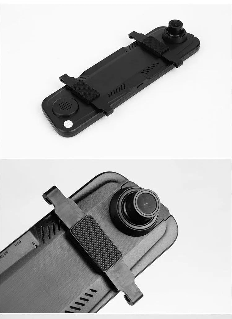 10-inch full screen car dash camera with front and rear lenses on a touch screen display.