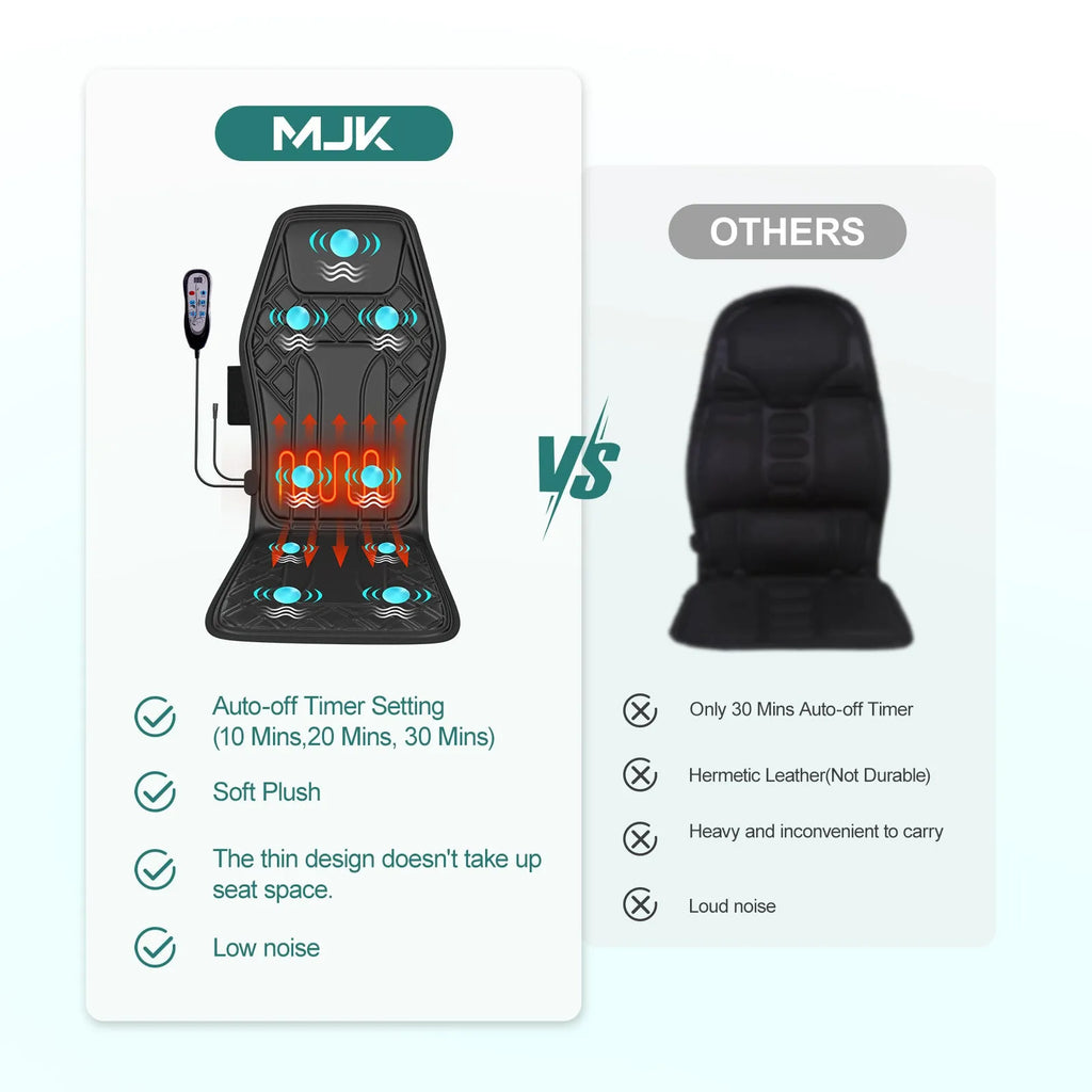 9-speed massage cushion with timer and heat on a black office chair, showing remote control and PU leather surface