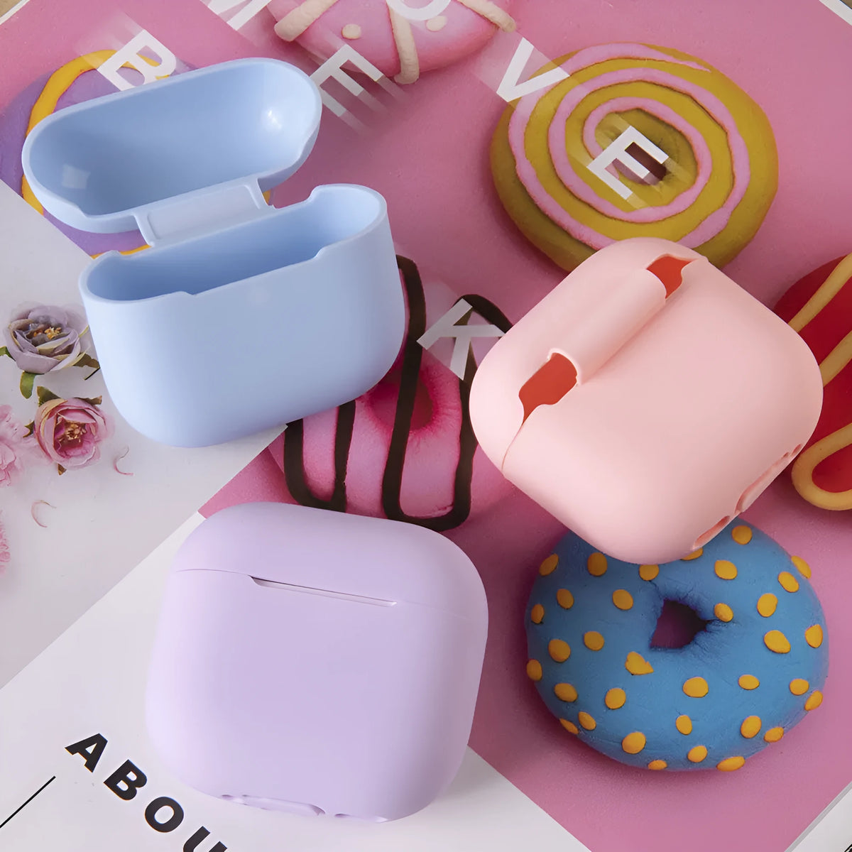 Silicone earphone case for Apple AirPods 4 in twelve colours including white, pink, black, red, and transparent.