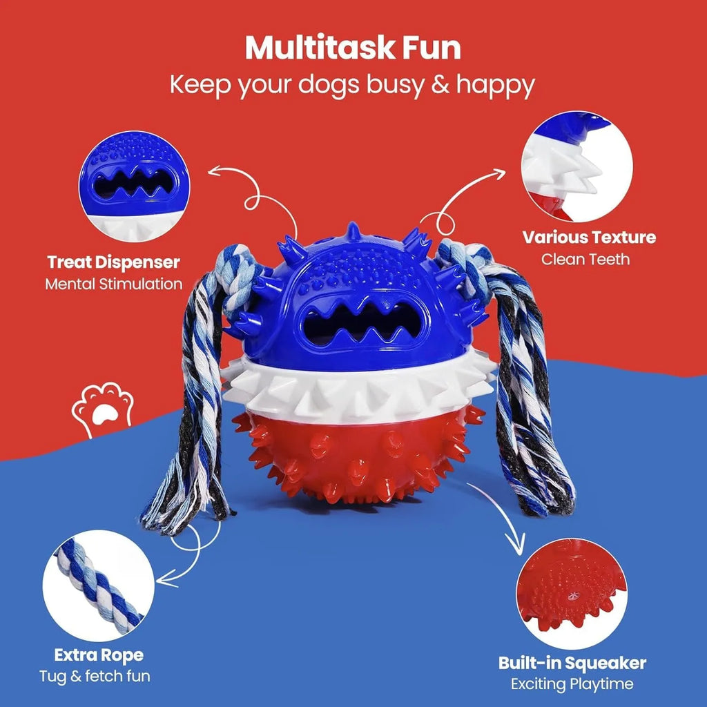 Blue and red TPR rubber dog chew toy with treat dispenser hole and dental bumps.
